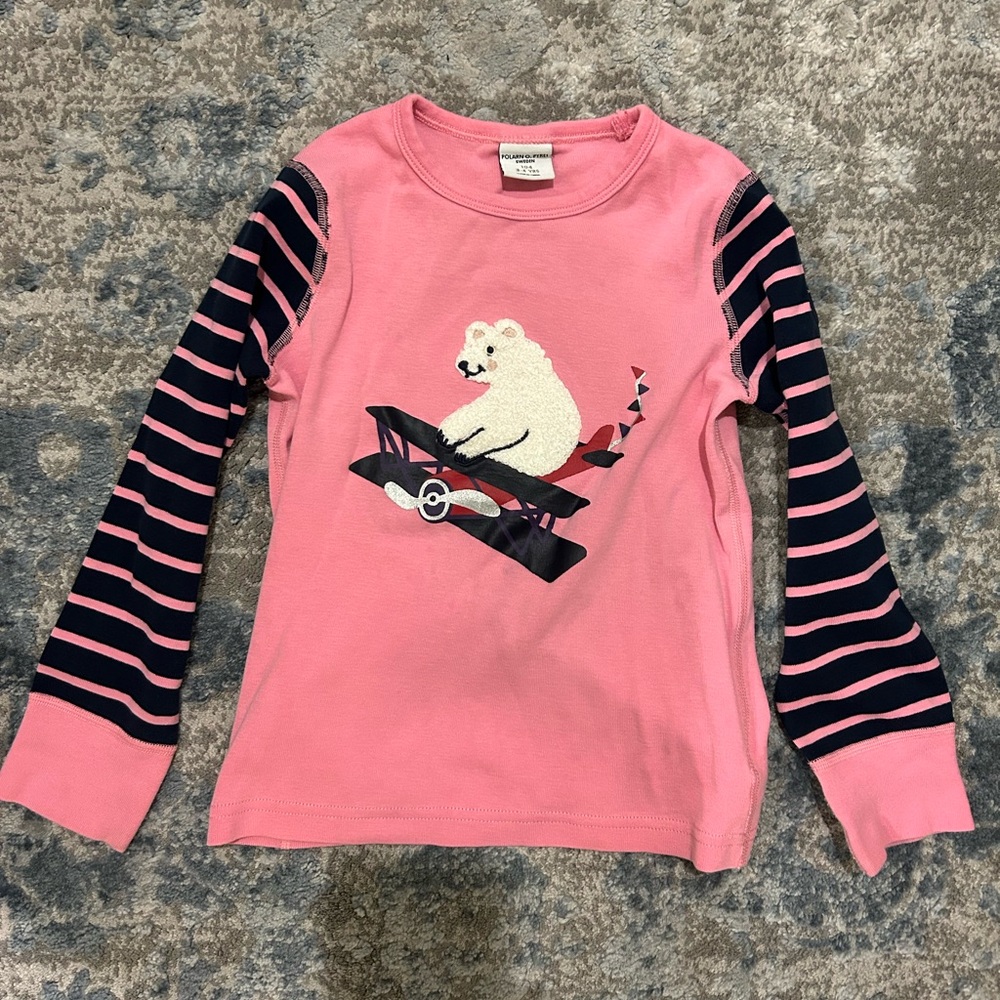 Polarn O Pyret GOTS Organic Cotton Pink Striped Kids Shirt with Bear Design